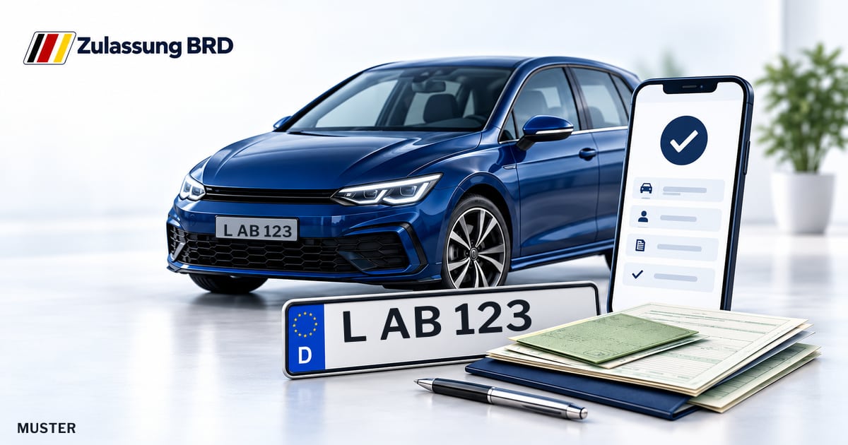 Online Fahrzeugzulassung in Landkreis Leipzig: Musterkennzeichen L AB 123, Auto und Fahrzeugpapiere und Smartphone. Illustration mit Logo von Zulassung BRD.